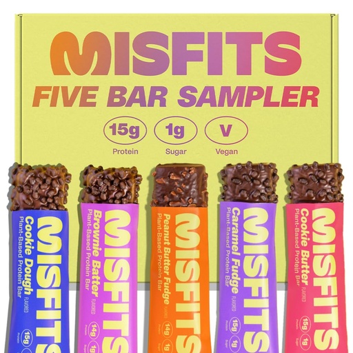 [BRSRAHAQDMIWC2Q2] Misfits Protein Bar Variety Pack | Nutrition Bars - 14-15g Protein, 1g Sugar, Plant-based, Low Carb, Non-GMO, Gluten Free Snacks | Sample Pack of 5 - Multiple Flavors