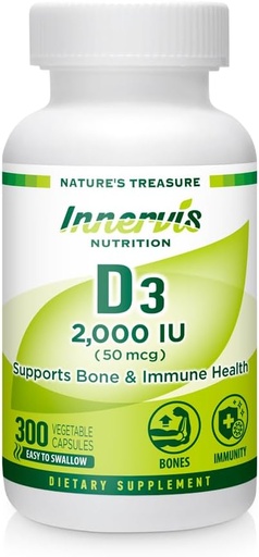 [BRSROHAFOIHAK2YY] High Potency Vitamin D3 2000 IU – Boost Immune, Support Bone & Teeth, Easy to Swallow 300 Veg Capsules