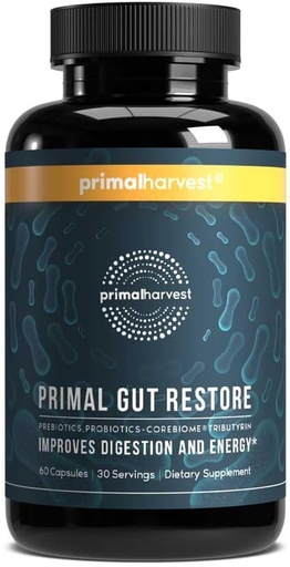 [BRSW2ZI3DEFRYHTA] Primal Harvest Restore for Gut Health, Primal Gut Restore w/POSTbiotics, PREbiotiques et PRObiotiques pour les femmes et les hommes, 60 CT - Digestion, Nettoyage des colonies, Soutien à l'immunité - Aide à la réparation de Gut maigre