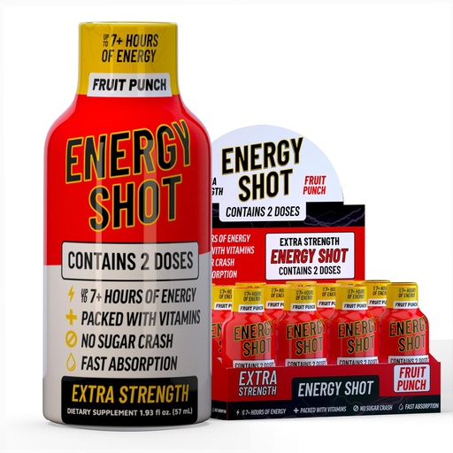[BRSWYAL7B4MBS3QU] Fruit Punch Extra Strength Energy Shot 12 pk – 260mg Natural Caffeine B12 B6 – Energy & Focus Support – 2 Servings Sugar Free Zero Calorie Green Tea B-Vitamins Electrolytes Vegan – 1.93 fl oz