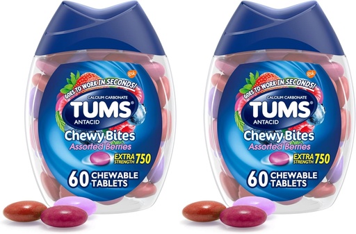 [BRSRAY35DMHWKYAV] TUMS Chewy Bites Comprimés antiacides pour le soulagement des brûlures d'estomac et le soulagement de l'indigestion acide, baies assorties - 60 Nombre (paquet de 2)