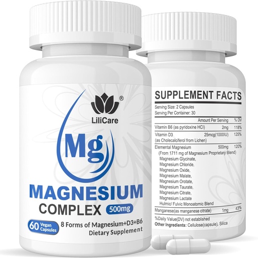 [BRSRAFAEOFYAAAAY] Magnesium Complex Supplement 500mg, 8 Active Forms Maximized Absorption– Glycinate, Citrate, Taurate & D3, B6 for Calm, Sleep & Healthy Muscle, 120 Capsules - 60 Count (Pack of 2)