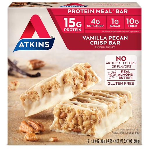 [BRSWGZILCEHQOA3B] Atkins Vanilla Pecan Crisp Protein Meal Bar, High Fiber, 1g Sugar, 4g Net Carb Meal Replacement, Keto Friendly, 5 Count