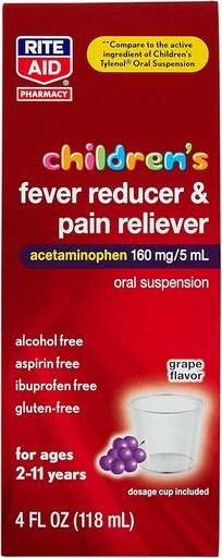 [BRSWIYLZBMBBWCDM] Rite Aid Children's Acetaminophen, Grape Flavor, 160 mg - 4 fl oz | Pain Reliever and Fever Reducer | Kids Cold Medicine | for Ages 2-11 Years Old | Childrens Fever Reducer | Kids Pain Reliever