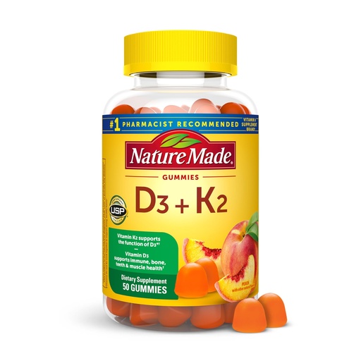 [BRSRMCT6BMDRG3TP] Nature Made Vitamin D3 K2 Gummies, Vitamin D 5000 IU Per Serving for Bone, Teeth, Muscle and Immune Support, 50 Gummy Vitamins, 25 Day Supply