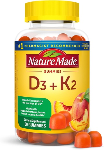 [BRSRMCT6BMDRG3TP] Nature Made Vitamina D3 K2 Gummies, Vitamina D 5000 UI Por Serving for Bone, Teeth, Muscle and Immune Support, 50 Vitaminas Gummy, 25 Day Supply