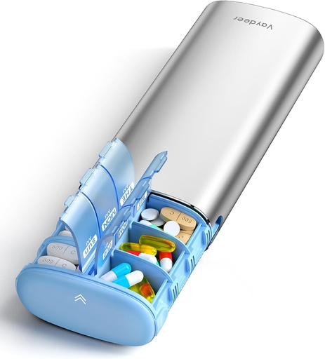 [BRSRAHAQB4PBUG3K] Vaydeer 7 Day Weekly Pill Organizer 2 Times a Day, Metal Am Pm Travel Pill Case, Large Capacity Twice Daily Cute Pill Box for Supplements, Pills, Vitamins and Medication (Sliver)