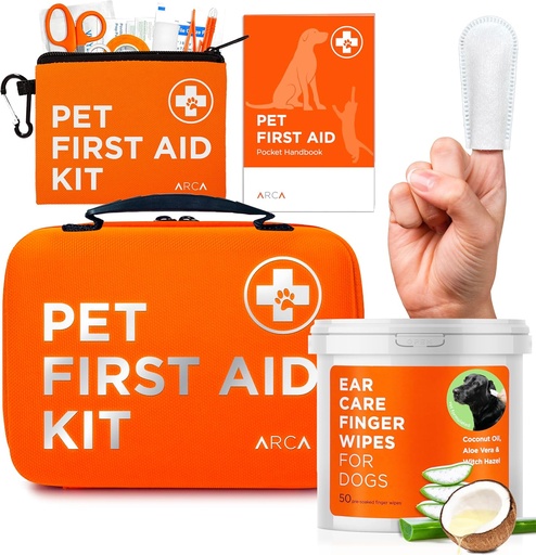 [BRSRAGATAQNGC3YU] Care Bundle - First Aid Kit and Ear Cleaner Wipes for Dogs, Essential Health and Hygiene Set