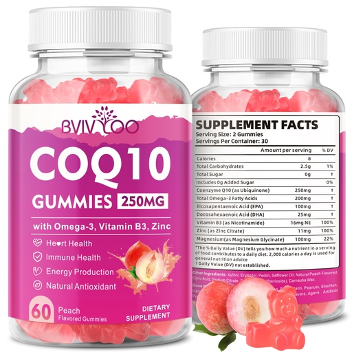 [BRSRA2YYPJ4BQG3A] Sugar-Free CoQ10 Gummies 250mg, Plus Omega-3, Vitamin B3 & Zinc, Magnesium - High Absorption Coenzyme Q10 Supplements for Heart Health, Cellular Energy, & Antioxidant Support, 60 Count