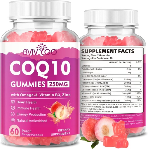 [BRSRA2YYPJ4BQG3A] Sugar-Free CoQ10 Gummies 250mg, Plus Omega-3, Vitamin B3 & Zinc, Magnesium - High Absorption Coenzyme Q10 Supplements for Heart Health, Cellular Energy, & Antioxidant Support, 60 Count