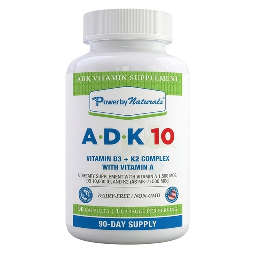 [BRSWGAQLAABAAC3J] Power By Naturals ADK 10 Vitamin Supplement – Vitamins A, D3 & K2 MK-7 for Bone, Heart & Immune Health – Gluten-Free, Soy-Free – 90 Capsules (3-Month Supply)
