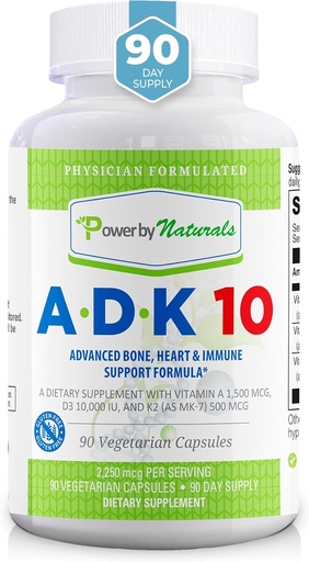 [BRSWGAQLAABAAC3J] Power By Naturals ADK Vitamin Supplement – ADK 10 High Potency with Vitamins A, D3 10,000 IU & K2 MK7 for Superior Heart, Immune & Bone Health Support – 90 Capsules, 1 Pack (3-Month Supply)