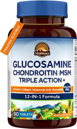 [BRSW2GAKPIHQ42DB] Vitalitown Glucosamine Chondroitin MSM | Collagen, Boswellia, Turmeric, Hyaluronic Acid, Bromelain | Triple Action+ Formula | 12 Ingredients | 90 Tablets, No Shellfish