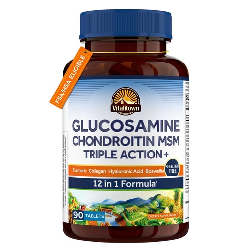 [BRSW2GAKPIHQ42DB] Vitalitown Glucosamine Chondroitin MSM | Collagen, Boswellia, Turmeric, Hyaluronic Acid, Bromelain | Triple Action+ Formula | 12 Ingredients | 90 Tablets, No Shellfish