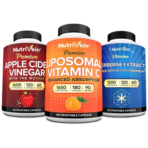 [BRSRAHACPMJQMYIU] Nutrivein Premium Berberine, Apple Cider Vinegar, & Liposomal Vitamin C Supplement Bundle: High-Absorption Vitamin C Capsules, ACV Capsules, & Berberine Supplement for Wellness & Immunity