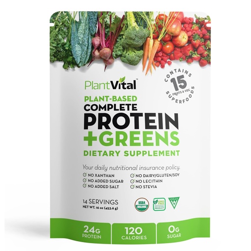 [BRSWGGAHCIMR4H3B] Plantvital Organic Unflavored Protein Powder Vegan - 15 Superfoods - 16oz | 24g Protein, 0g Sugar, Greens, Probiotics & BCAAs - Plant Based, Non-GMO, Gluten Free, 14 Servings, Supports Muscle Growth