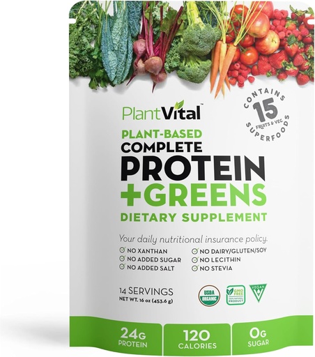[BRSWGGAHCIMR4H3B] Plantvital Unflavored Organic Vegan Protein Powder - 15 суперпродуктов, овощей и пробиотиков - Органический белковый порошок на растительной основе - Все BCAA, без глютена - 16oz -1 Pouch
