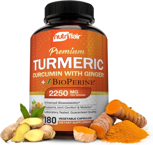 [BRSWKZIYOMIBEHAV] NutriFlair Turmeric Curcumin with Ginger and BioPerine Black Pepper Supplements, 180 Capsules - 95% Curcuminoids - Joint Support, Antioxidant, Anti Aging - Natural, Non-GMO, Vegan Best Maximum Potency