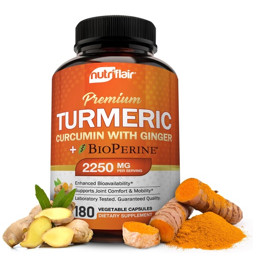 [BRSWKZIYOMIBEHAV] NutriFlair Turmeric Curcumin with Ginger and BioPerine Black Pepper Supplements, 180 Capsules - 95% Curcuminoids - Joint Support, Antioxidant, Anti Aging - Natural, Non-GMO, Vegan Best Maximum Potency