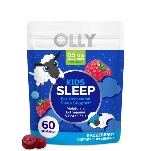 [BRSWYZQBA56A22QY] OLLY Kids Sleep Gummy, 0.5mg Melatonin, L Theanine, Chamomile, and Lemon Balm, Childrens Chewable Supplement, Occasional Sleep Support, Raspberry - 60 Count