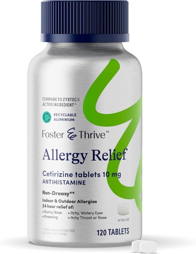 [BRSRAGL7OIMW2ETV] Foster & Thrive Cetirizine HCl 10mg Allergy Relief for Seasonal Allergies, Pollen, Hay Fever, and Dry Itchy Eyes, Non-Drowsy Antihistamine Medicine for Children or Adults, Compare to Zyrtec