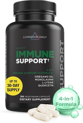 [BRSROFAOAAFBGFYZ] Livingood Daily Immune Suplement, 4-in-1 Formula s Oregano Oil, Monolaurin, Lysin & Quercetin, Gut & Digestive Health, Gluten Free, Vegan, Non GMO, Allergen Free, 120 Kapsule