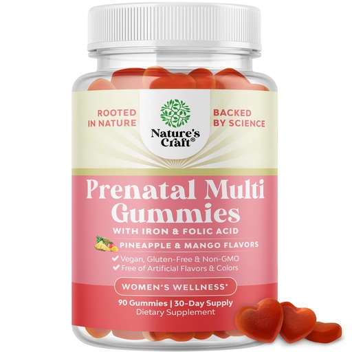 [BRSRAYIBDMMBMA3G] Natures Craft Vegan Prenatal Gummies for Women - Gummy Prenatal Vitamins for Women with Iron Folic Acid and Superfruit Blend - Chewable Vitamins Gummy Formula (Pineapple Mango) - 90 Count