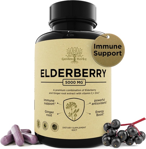 [BRSROCD6BYPBU33F] Elderberry con Vitamina C, Zinc, " Ginger – Potent Immune Booster 5000 Mg Elderberry, Zinc, " Vitamina C – Vitaminas no GMO Immunity para adultos para ayudarle a sentirse vibrant, 60 cápsulas.