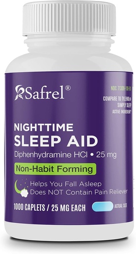 [BRSRM2TYBMPWYCDP] Safrel Nighttime Sleep Aid, Diphenhydramine HCl 25mg | Strong Non Habit-Forming Restful Sleeping Support for Men & Women | Fall Asleep Faster & Wake up Refreshed (1000 Count (Pack of 1), 1000, Count)