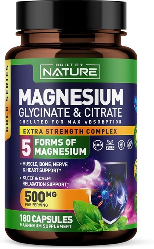 [BRSROGAECUOW2DL6] Magnesio Complesso 500mg - 5 Forme di Magnesio Glycinate, Citrato, Malato, Ossido & Aquamin con 72 Minerali Trace - Chelati per Assorbimento - Supplemento per Muscolo, Nerve, Cuore e Sonno (180 Capsule)
