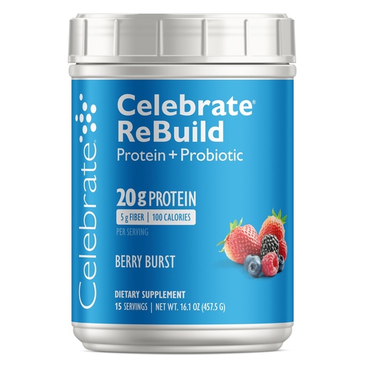 [BRSWYYYDPIIQMDTL] Celebrate Vitamins Rebuild Protein Powder with Probiotics & Prebiotics - 20g Whey Isolate Protein, High Fiber, for Post Bariatric Surgery Patients - Berry Burst (15 Servings)