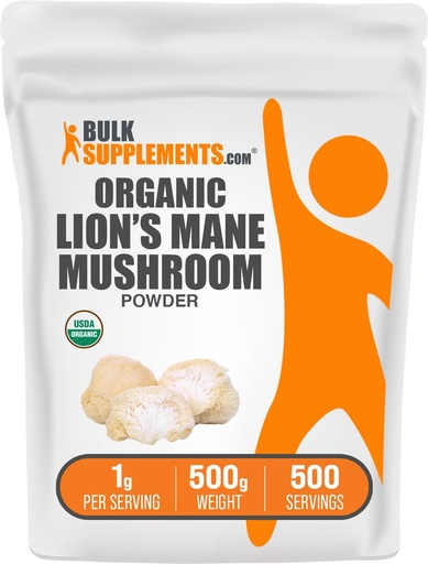 [BRSROZIFCAIRMEI2] BulkSupplements.com Organic Lions Mane Mushroom Powder - Lions Mane Powder, Mushroom Supplement - Vegan & Gluten Free, 1g per Serving, 500g (1.1 lbs) (Pack of 1)