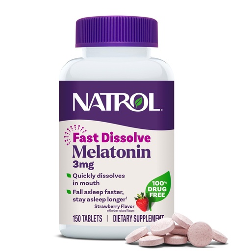 [BRSWKZTQB4EB4DL2] Natrol Fast Dissolve Melatonin 3 mg, Melatonin Supplements for Restful Sleep, Sleep Support for Adults, 150 Strawberry-Flavored Tablets, Up to a 150 Day Supply
