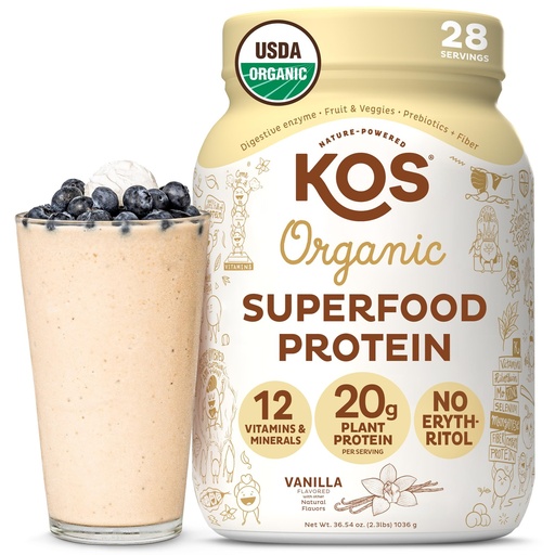 [BRSWGZALPMHWKGQ3] KOS Vegan Protein Powder Erythritol Free, Vanilla USDA Organic - Pea Protein Blend, Plant Based Superfood Rich in Vitamins & Minerals - Keto, Dairy Free - Meal Replacement for Women & Men, 28 Servings