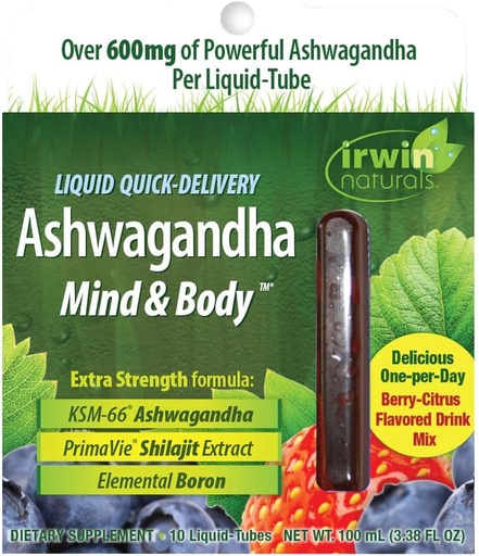 [BRSRAZD5BYMRAFLF] Irwin Naturals Liquid Quick-Delivery Ashwagandha Mind & Body - 10 Liquid-Tubes - Boosts Physical & Mental Performance - One-Per-Day Berry-Citrus Flavored Drink Mix