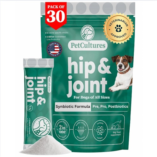 [BRSRAGQZDIIGC3Q4] PetCultures Hip & Joint TriBiotic Powder, a Food Topper Supplement Supporting Dog Mobility with probiotic, prebiotic and postbiotic Plus Glucosamine & Chondroitin - Made in USA