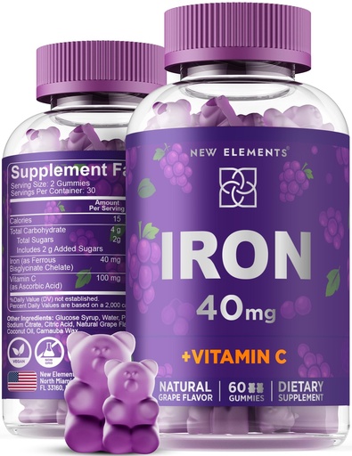 [BRSRMHA6BMHAYAA2] New Elements Iron Gummies 40mg with Vitamin C 100mg – Best Iron Supplement for Women, Men & Adults – Free Blood Builder for Anemia – Immune Support & Energy Booster | Fruit Pectin | Vegan | Non-GMO