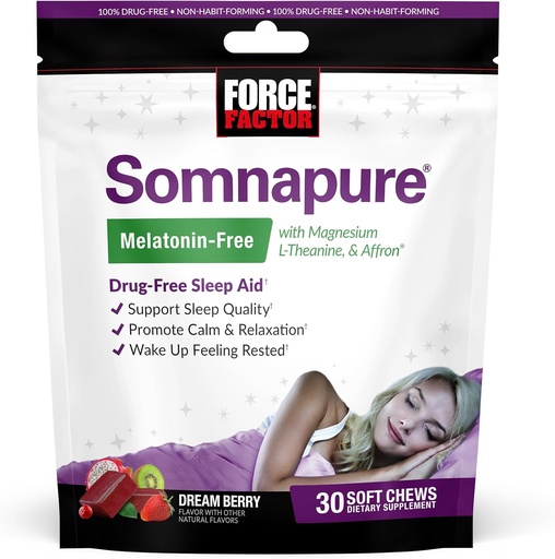 [BRSROHQQCQBWE33X] Factor de fuerza Somnapure Melatonin-Free Soft Chews, Ayuda para dormir para mejorar la calidad del sueño, Ayudas para el sueño para adultos con Affron, Magnesio, L-Theanine, Chamomile, Lemon Balm, Dream Berry Flavor, 30 Soft Chews