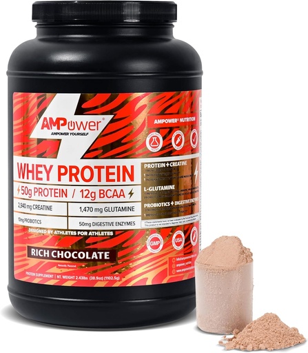 [BRSRAATYBMAWGAAV] Chocolate Whey Protein Powder | Scientifically-Designed Optimum Muscle Stack, Gut, Brain, Immune | Protein, BCAA, Creatine, L-Glutamine, Probiotics, Digestive Enzymes | Rich Chocolate, 38.9oz