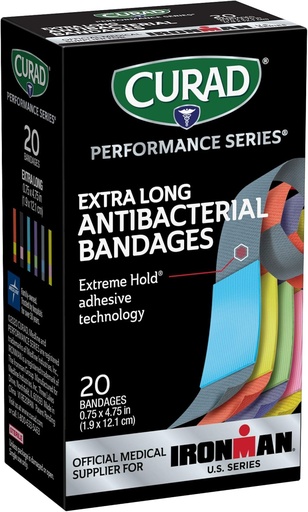 [BRSWYGABPMJQAG3Z] CURAD Performance Series IRONMAN Antibacterial Bandages, Extreme Hold Adhesive Technology, Extra Long Flexible Fabric Bandages for Cuts, Scrapes, & Burns, Assorted Colors, 0.75 x 4.75 inches, 20 Count