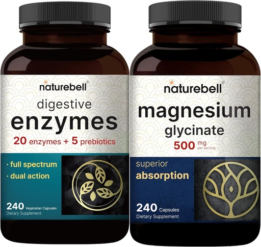 [BRSRAFAPB56R43LV] Magnesium Glycinate Capsules 500mg, 240 Count - 100% Chelated & Purified | Digestive Enzymes with Prebiotics, 240 Veggie Capsules - 20 Enzyme & 5 Prebiotic Pancreatic Complex