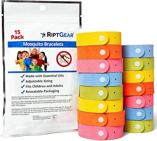 [BRSWKGQAC4MBCF3O] RiptGear Mosquito Bracelets - 15 Pack of Mosquito Bracelets for Kids and Adults, Insect Bracelet, Citronella Wristband - DEET Free Mosquito Wristbands, Camping Accessories