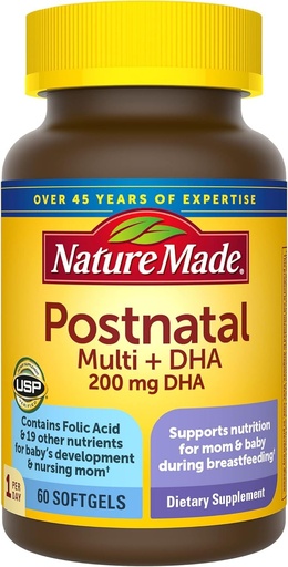 [BRSWI2QAOEAGMDTY] Nature Made Postnatal Multivitamin + DHA 200 mg, 60 Softgels, to Support Nursing Moms & Babies During Breastfeeding, Postnatal Vitamins & Nutrients Include Iron, Vitamin D3, Calcium, Iodine