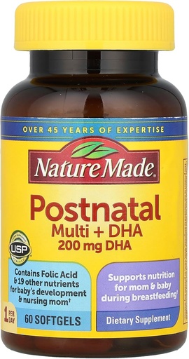 [BRSWI2QAOEAGMDTY] Nature Made Postnatal Multivitamin + DHA 200 mg, 60 Softgels, to Support Nursing Moms & Babies During Breastfeeding, Postnatal Vitamins & Nutrients Include Iron, Vitamin D3, Calcium, Iodine