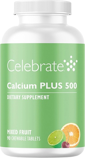 [BRSWIYLZAUABYCL2] Celebra Vitaminas Calcium Plus - 500mg citrato de calcio, 333 IU vitamina D3 e 34mg de magnesio para a cirurxía post-bariatría - Gluten-Free & Sugar-Free - froitas mixtas, 90 tabletas Chewable