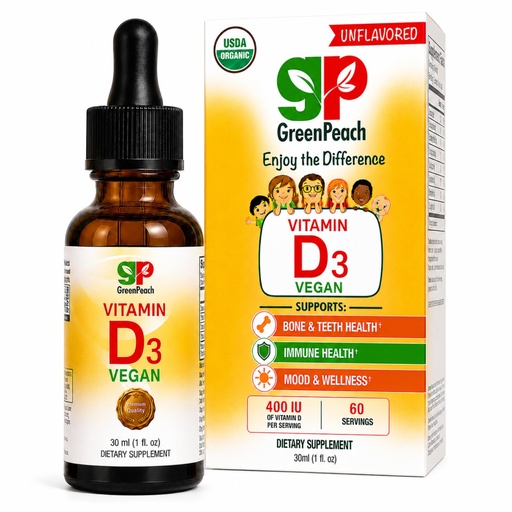 [BRSRA2QYAAMAECLK] GreenPeach Organic Vitamin D3 Drops for Infants, Babies, Toddlers & Kids | 400-2000 IU Adjustable Dose, Vegan Liquid Vitamin D, Immune and Bone Health Support, No Sugar Added, 1 Fl Oz, 60 Servings