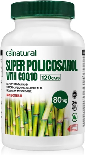 [BRSRAY3RDN6BOCTV] Super Sugarcane Policosanol 80 mg with CoQ10 30 mg, 120 Vegetable Capsules, Heart & Cholesterol Support, 4-Month Supply, Non-GMO, Gluten Free
