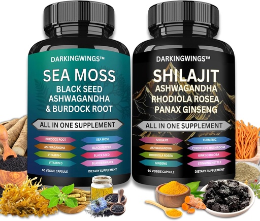 [BRSRAZIKOB7RY3I4] Shilajit and sea moss combo -Sea Moss 3000mg, Black Seed Oil 2000mg, Ashwagandha 2000mg, Shilajit 9000mg, Rhodiola Rosea1000mg,Panax Ginseng1500mg | sea moss and shilajit bundle, all in one supplement