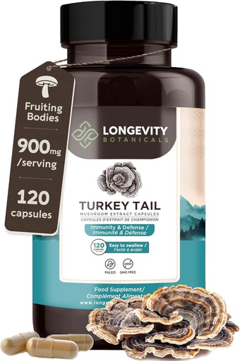 [BRSWYYIRCEIR42D5] Organic Turkey Tail Mushroom Capsules supplement (120) , Pure Fruiting Body 10:1 High Strength Extract | 50% Beta-D Glucans , 9,000mg Raw Equivalent Per Serving , Immune, Gut & Microbiome Support