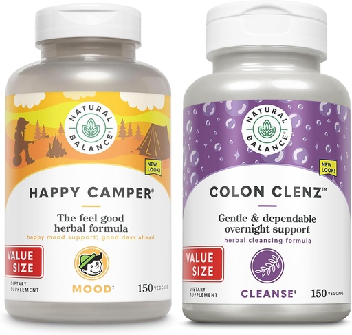 [BRSRAGABAF7RGEQZ] Natural Balance Happy Camper və Colon Clenz Paket - Feel-Good Mood Support Plus Herbal Colon Cleanse və Detox - 60-Day Garanti - 75/150 Xidmət, 150/150 VegCaps